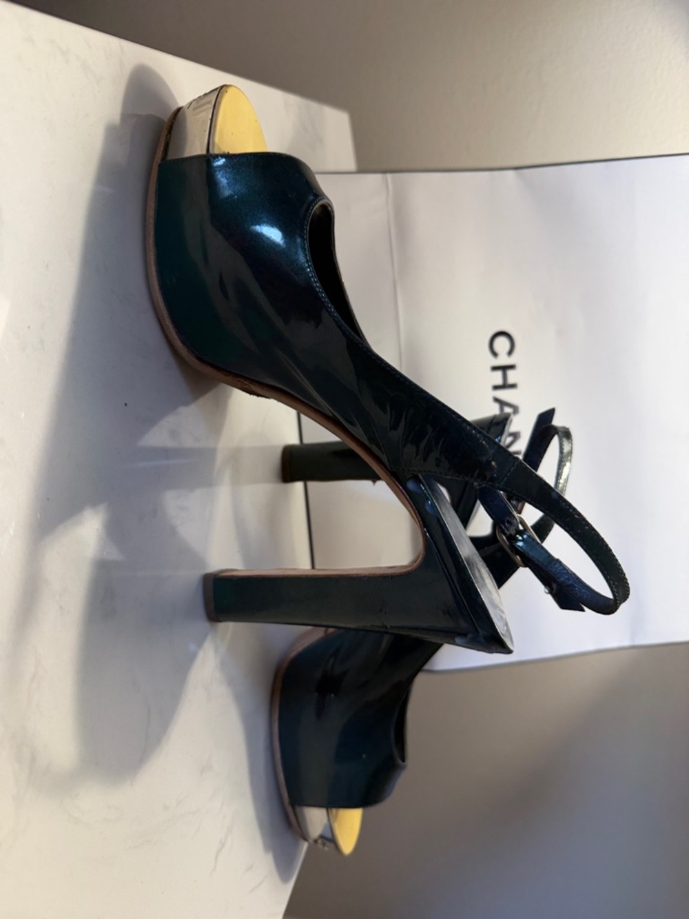 CHANELPatent Leather 5”  Slingback Heels with Silver embossed Toe Cap